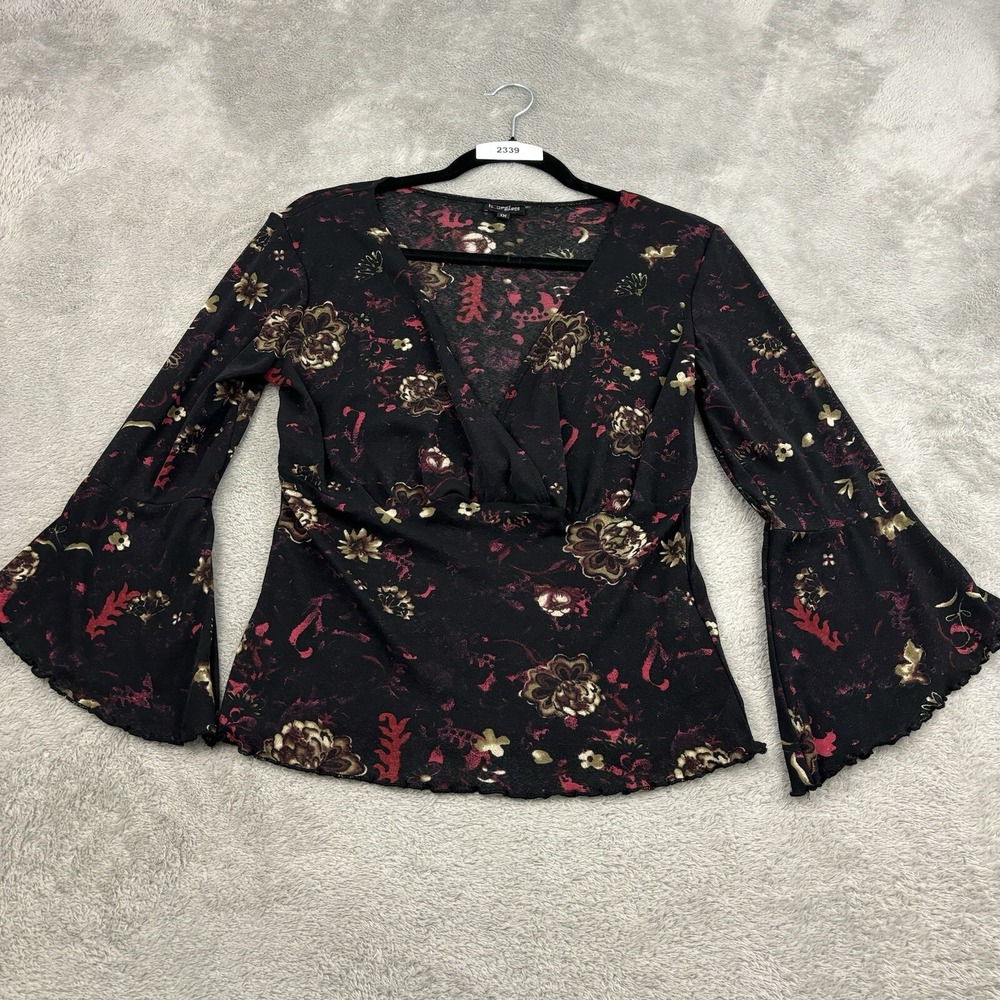 Hourglass Faux Wrap Flare Sleeve Top Womens 1X Black Floral Sheer Y2K Fairy Boho